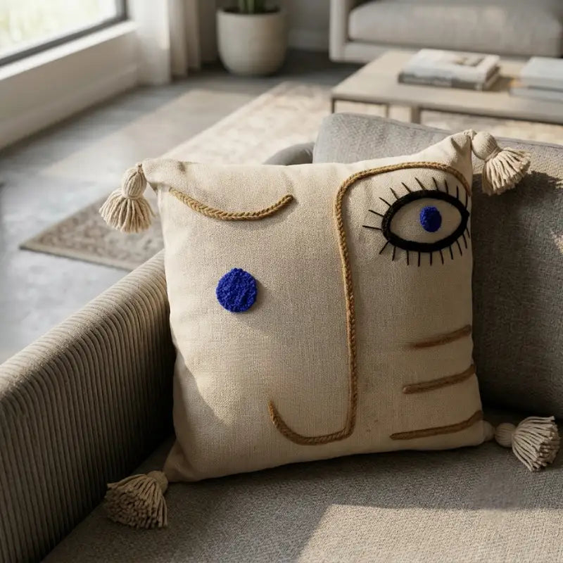 Coussin Décoratif Artisanal "Visage Abstrait & Œil Bleu" avec Pompons