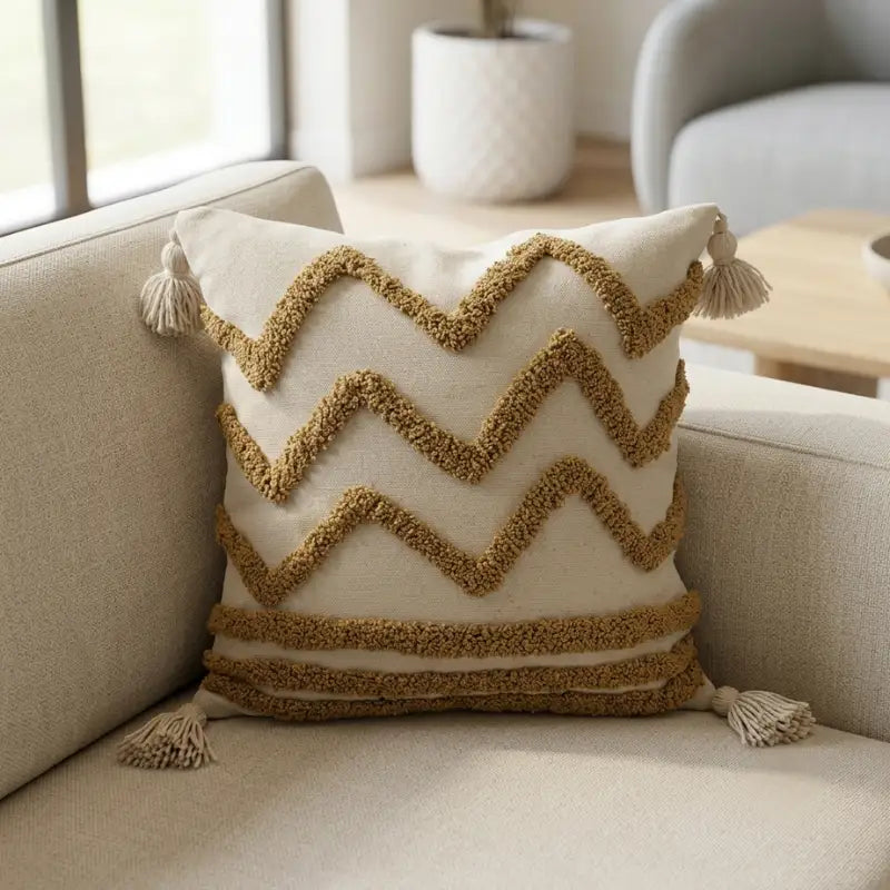 Coussin Décoratif Artisanal "Zigzag Géométrique" en Relief avec Pompons