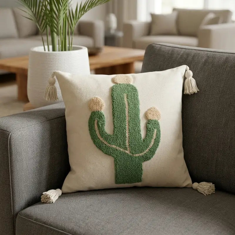 Coussin Décoratif Artisanal "Cactus en Relief" avec Pompons